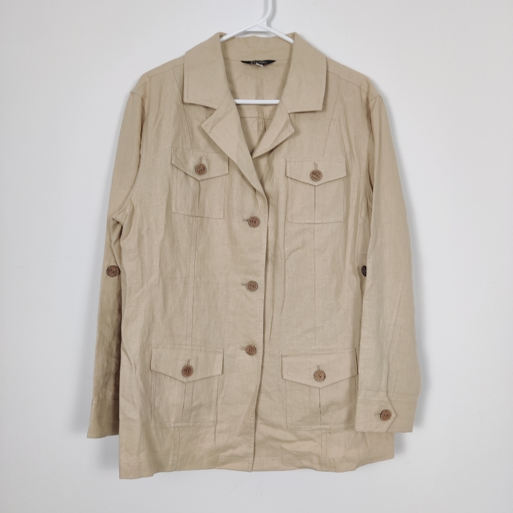 Attitude Women's Casual Beige Button-Up Jacket Sz Large 100% Linen Quiet Luxury